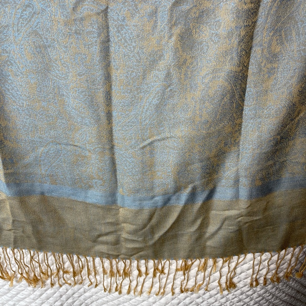 Pashmina scarf. 30% silk/ 70% Acrylic. Sky blue & muted gold